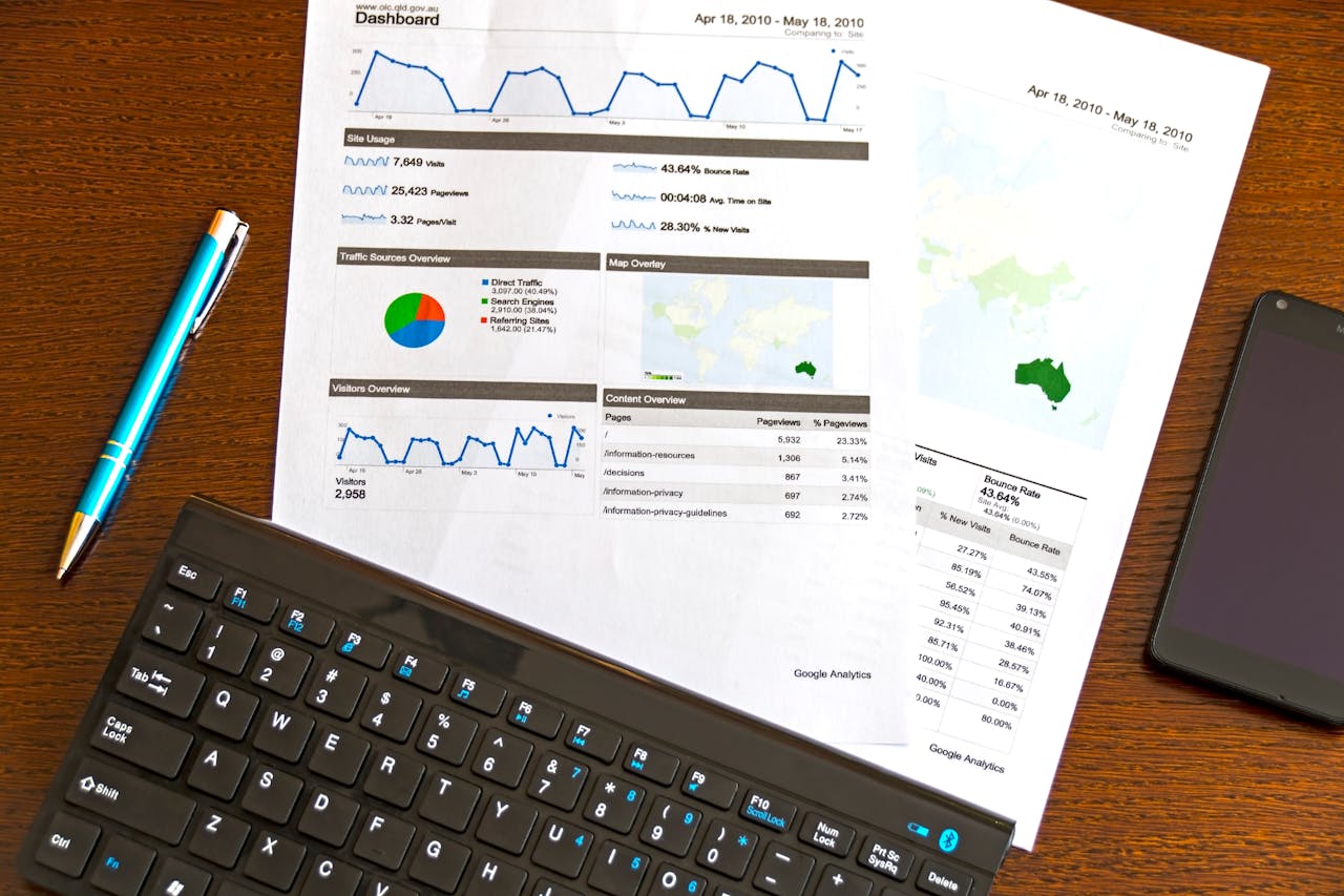about-us-01 Flatlay of a business analytics report, keyboard, pen, and smartphone on a wooden desk.